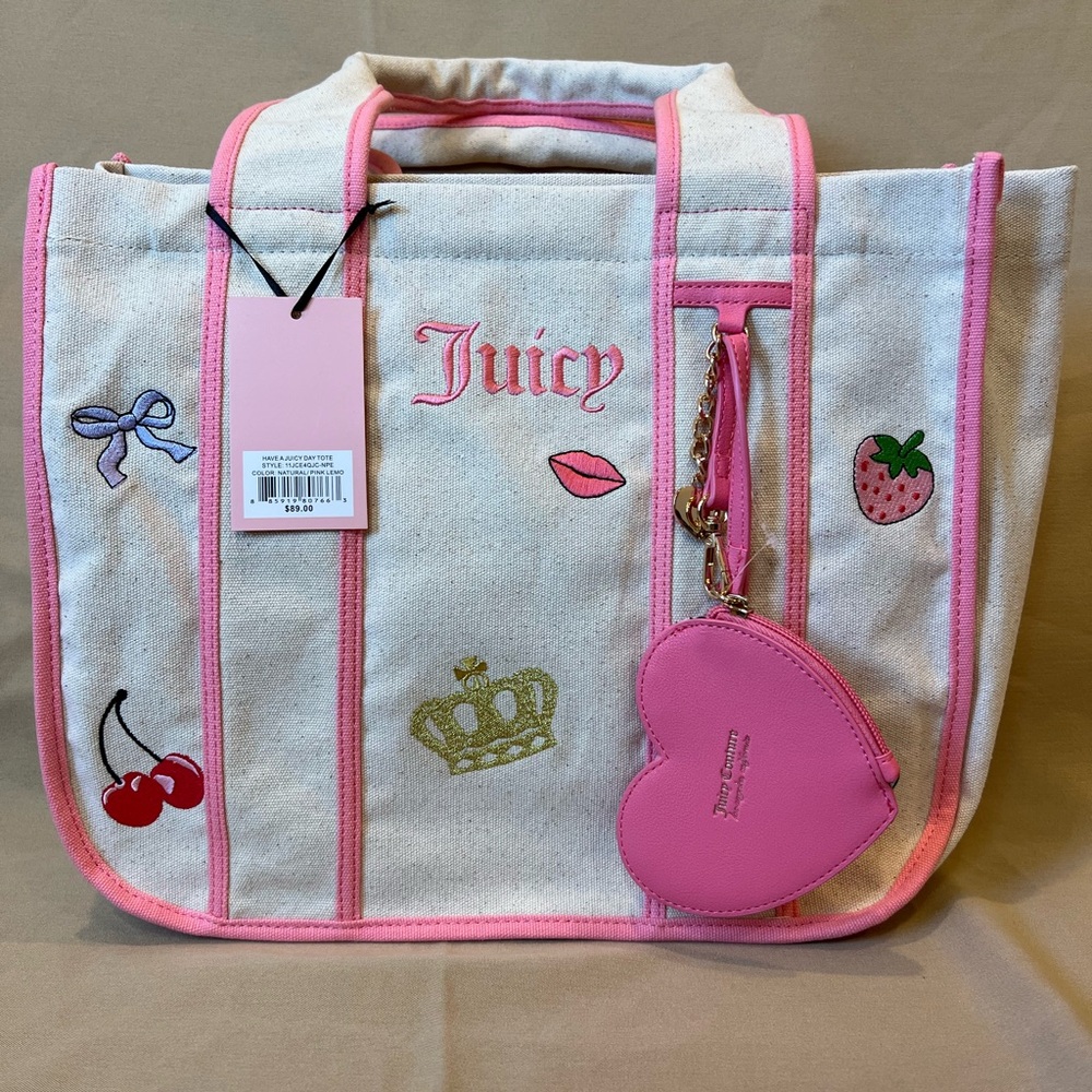 Juicy Couture Pink Trim Embroidered Canvas Tote with Heart Pouch